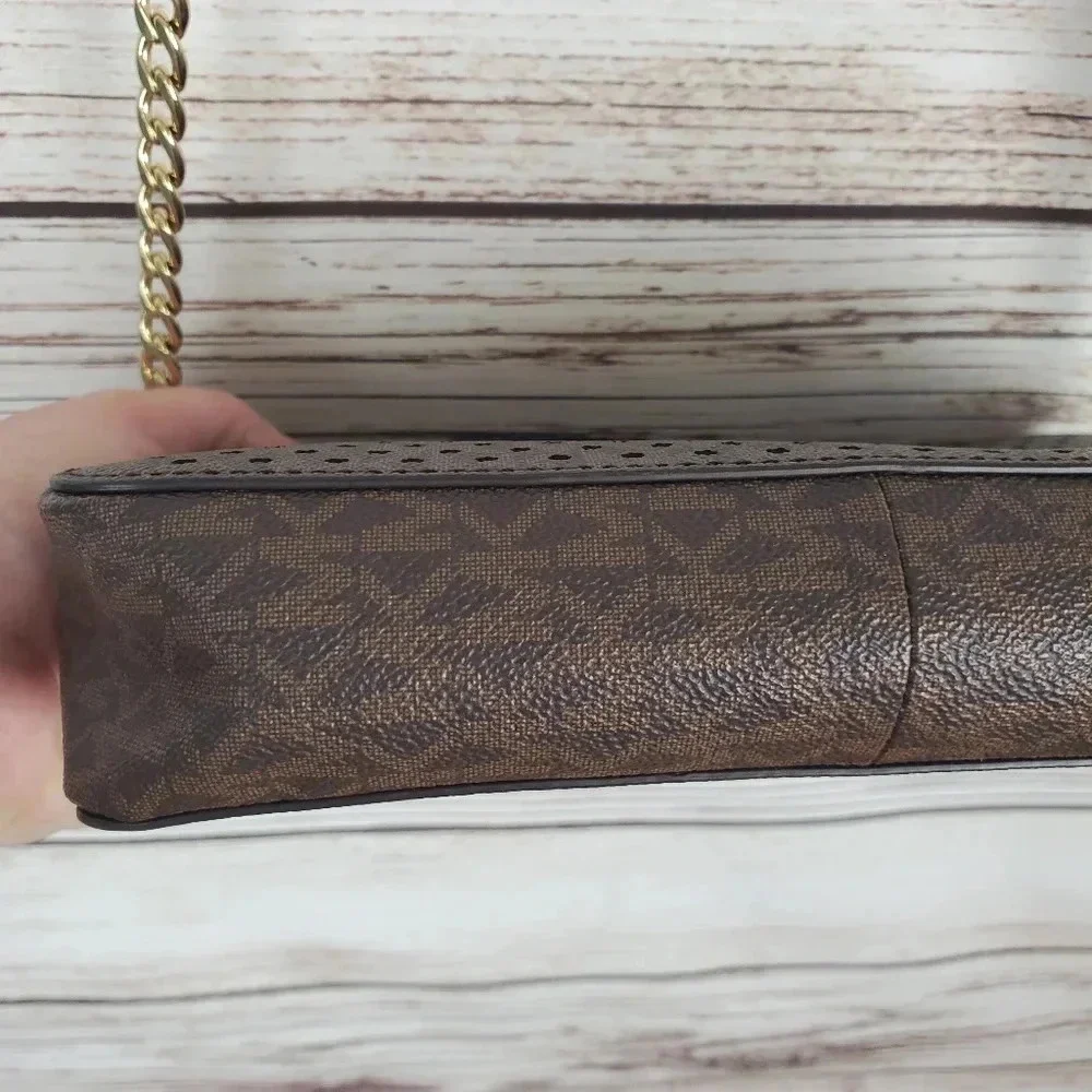 Michael Kors Jet Set East West Signature Brown/Red/Gold Perforated Crossbody Bag